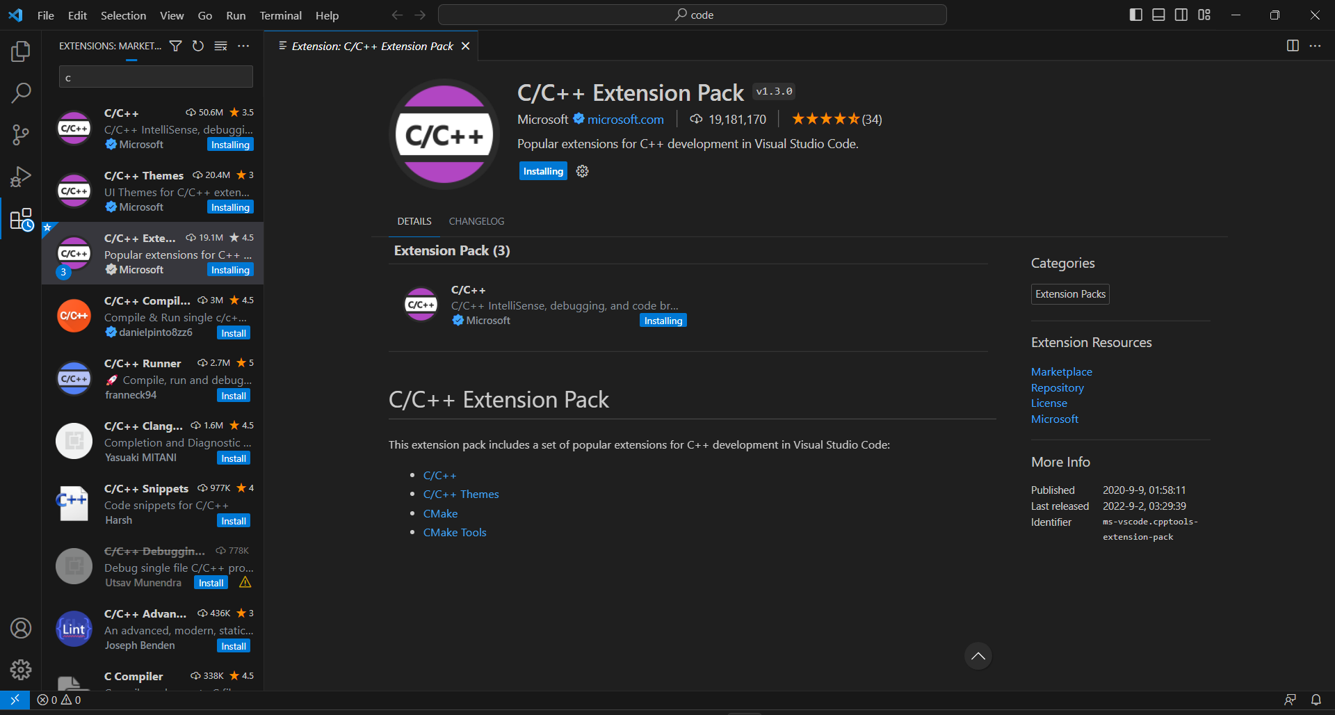screenshot of c/++ extension pack installing