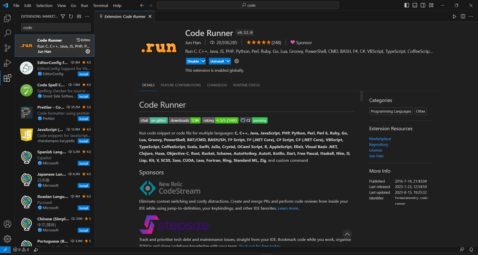 screenshot of code runner extension page