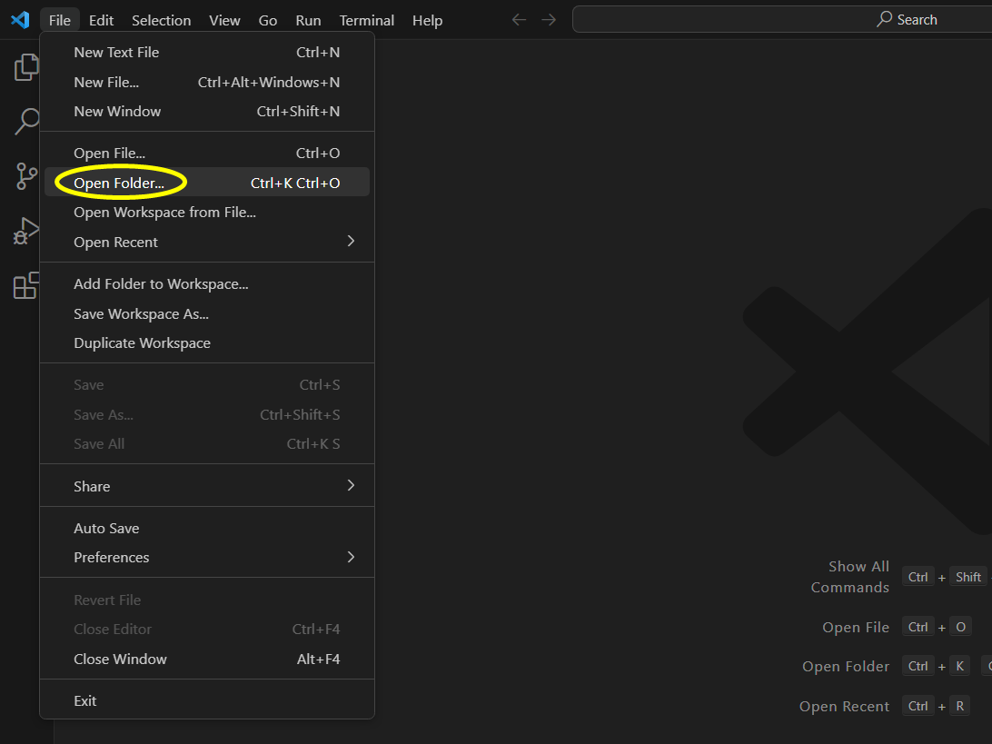 screenhsot highlighting open folder option in menu
