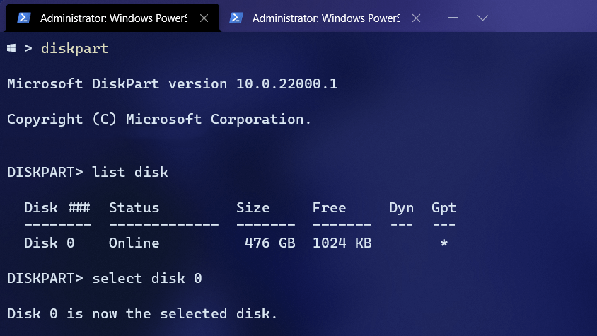 Firt screenshot of diskpart utility